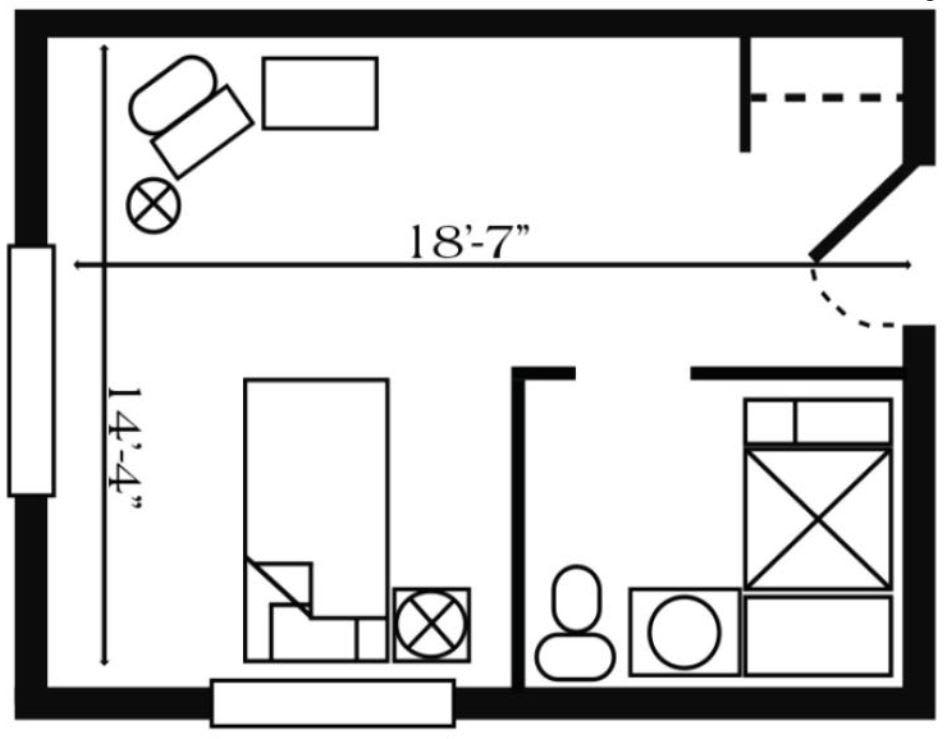 A simple floor plan showing the layout of a room with furniture and measurements.