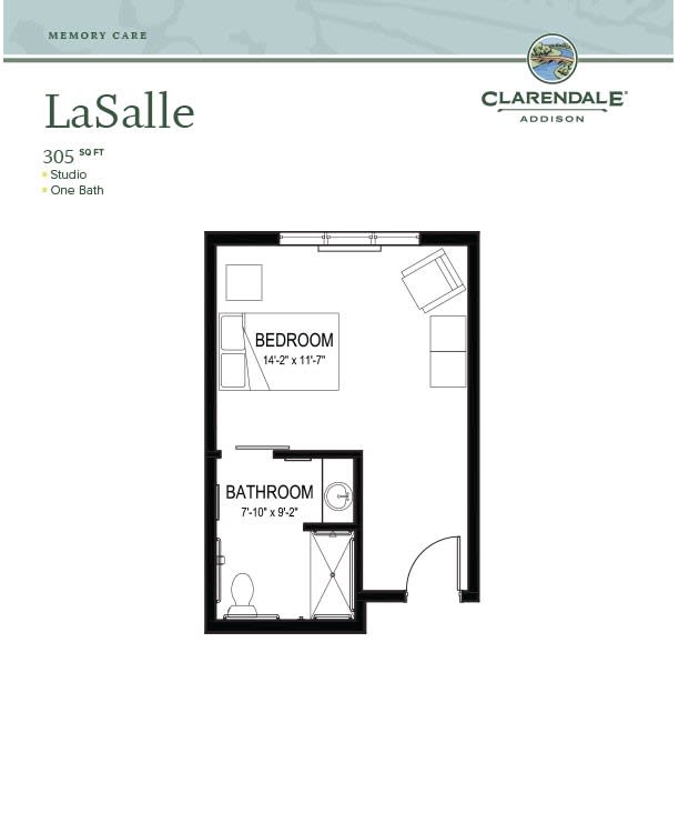 Floor plan of the LaSalle studio apartment featuring one bedroom and a bathroom by Clarendale.