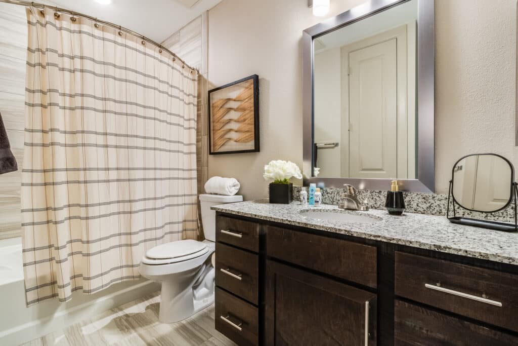 A modern bathroom with sleek cabinetry, a granite countertop, and stylish decor.