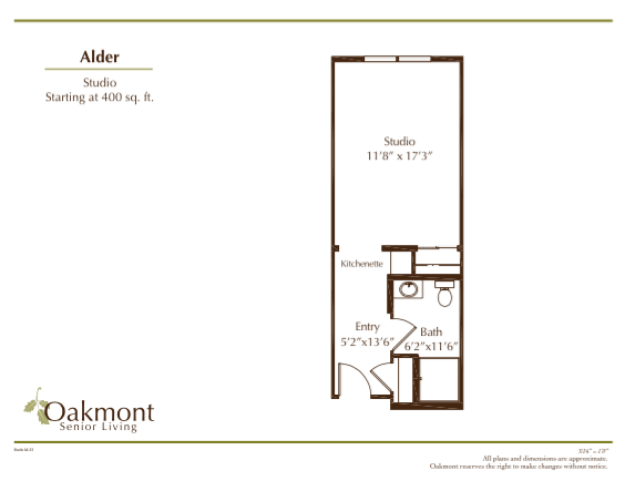 Studio apartment floor plan with labeled dimensions for the studio area, bathroom, and kitchenette.