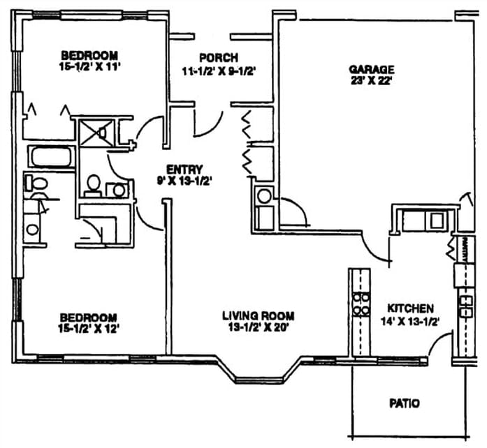 A detailed floor plan illustrating the layout of a two-bedroom apartment with labeled rooms, including a kitchen, living room, and porch.