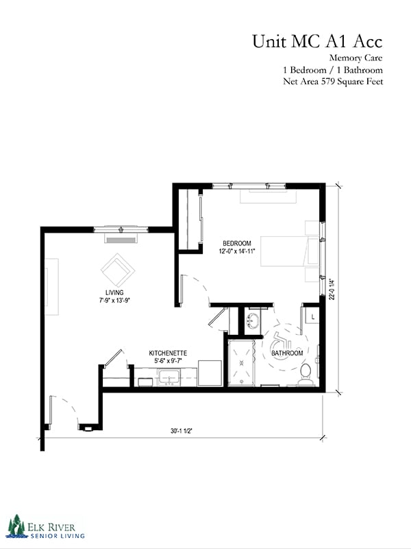 Floor plan of a one-bedroom apartment with an open living and dining area.