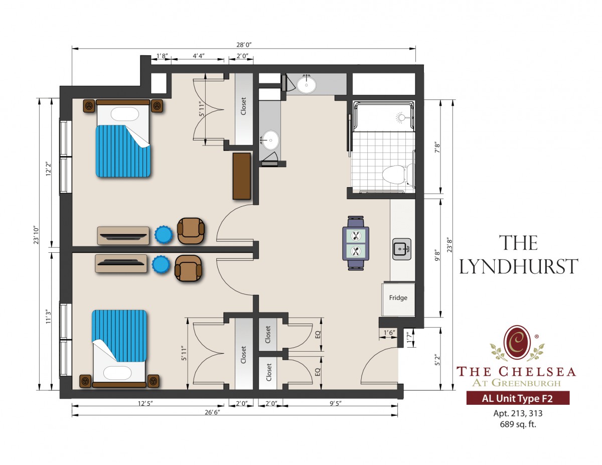 A detailed floor plan of a two-bedroom apartment with labeled areas including bedrooms, bathroom, kitchen, and living space.