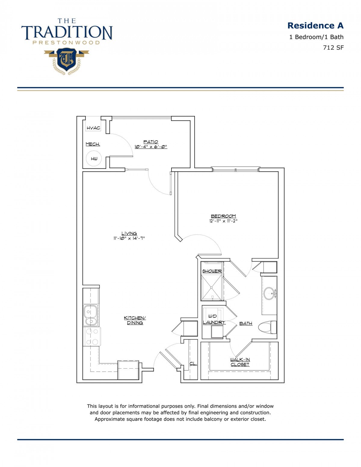 A floor plan of a one-bedroom apartment showing the layout of the living room, kitchen, and bathroom.