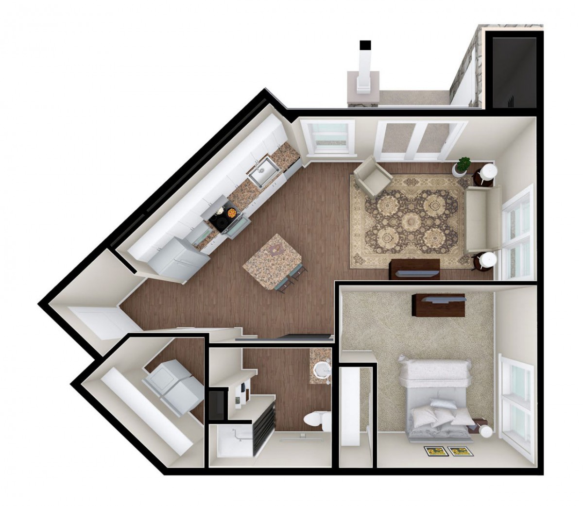 A 3D rendering of a one-bedroom apartment floor plan, featuring a living room, kitchen, and bathroom.