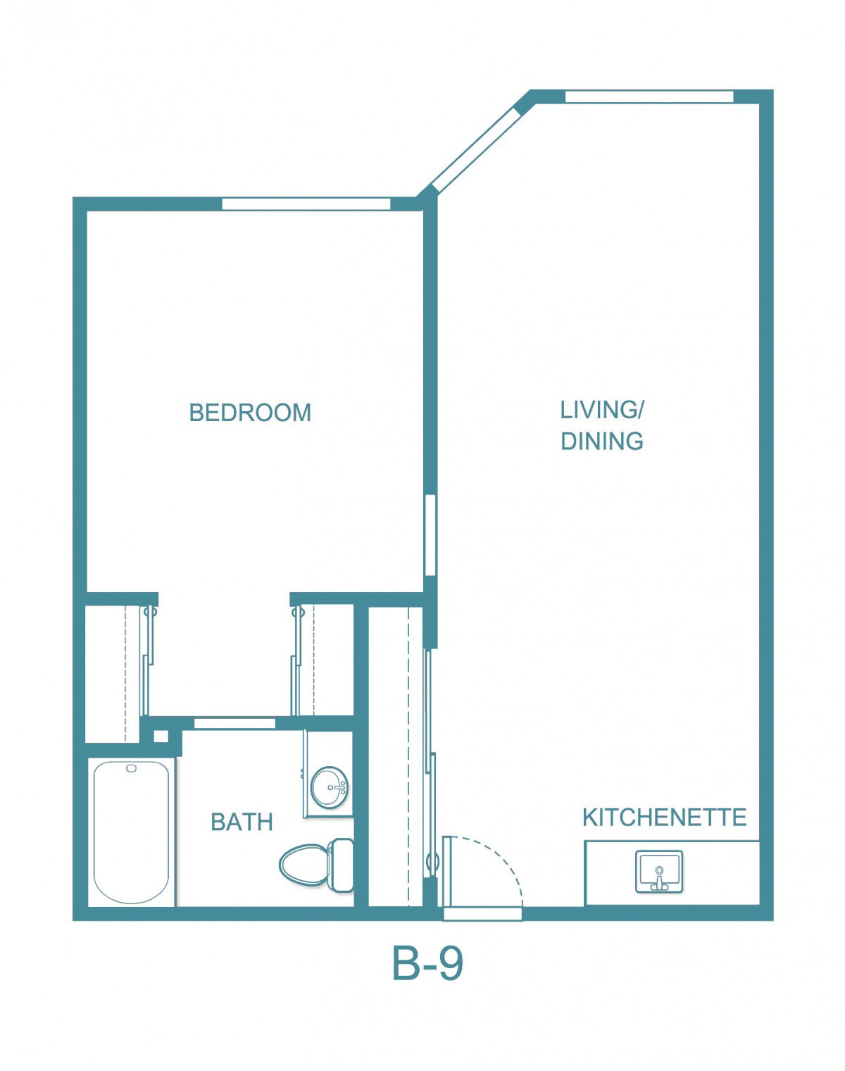 A simple floor plan of a one-bedroom apartment featuring a living/dining area, kitchenette, and bathroom.