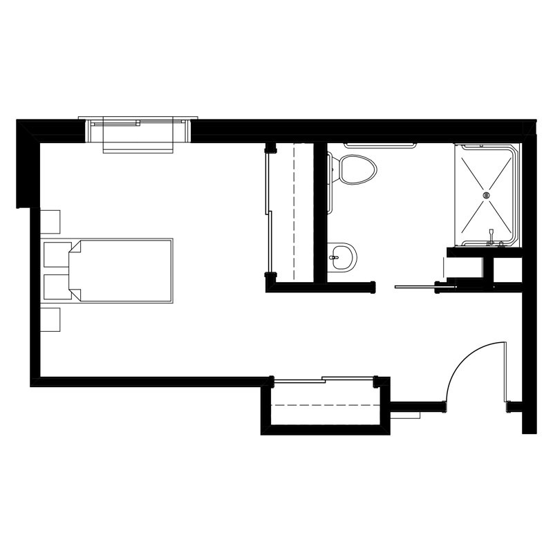 A floor plan showing a one-bedroom apartment with a living area, bathroom, and sleeping space.