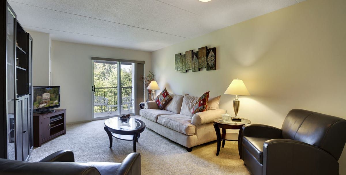 A cozy living room featuring a plush sofa adorned with decorative pillows, a sleek coffee table, and ambient lighting from stylish lamps. The space is highlighted by artwork on the wall and natural light streaming through the window.