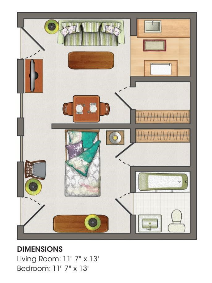 A detailed floor plan of a small apartment featuring a bedroom, living area, kitchen, and bathroom.