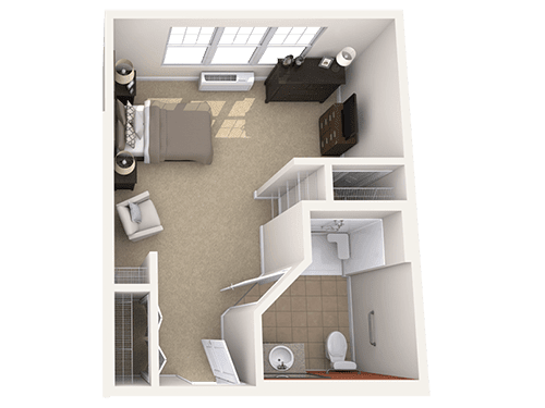 Top-down view of a one-room apartment layout featuring a bedroom and bathroom.