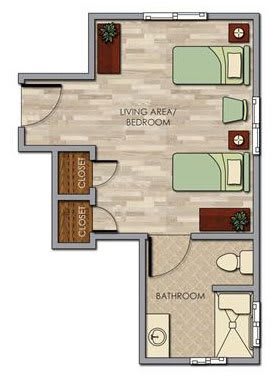 A floor plan of a two-bedroom apartment with a living area and bathroom.