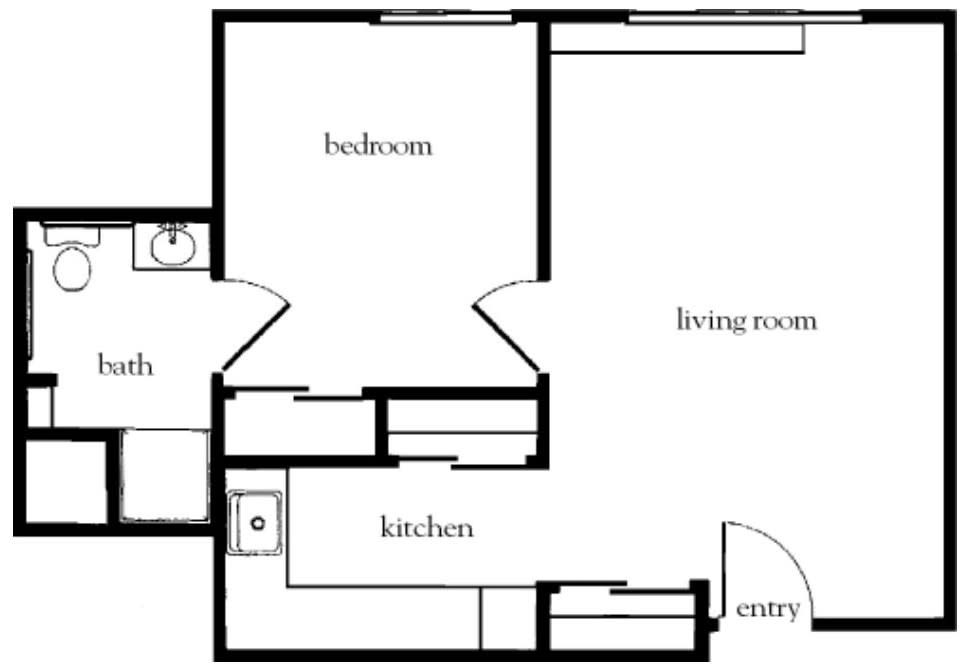 A simple one-bedroom apartment floor plan with a living room, kitchen, and entryway.