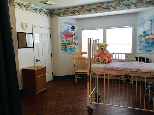 A cozy children's room with a decorative theme, featuring a crib, a teddy bear, and bright windows.
