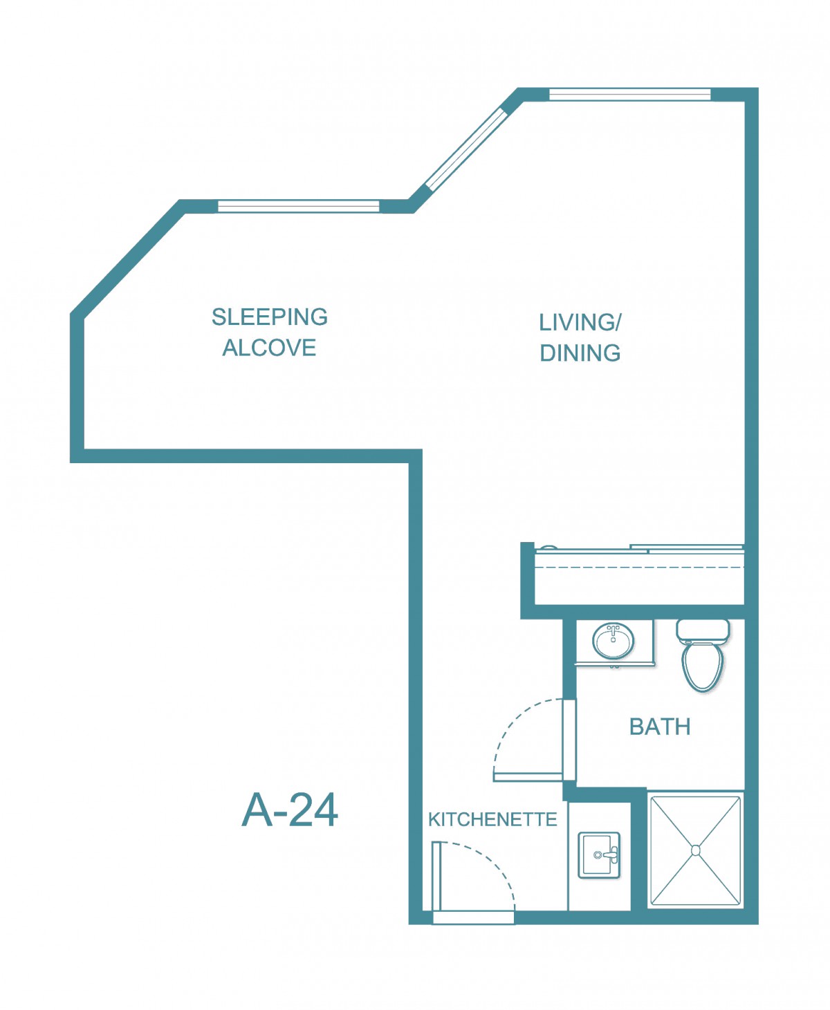 Studio apartment floor plan with living/dining area, kitchen, bath, and sleeping alcove.