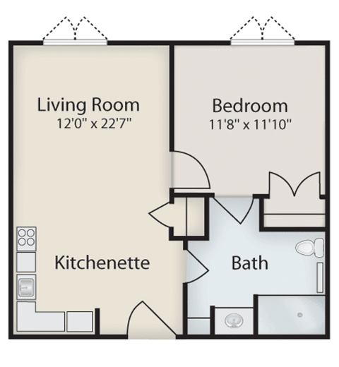 A floor plan showing the layout of a small apartment with a living room, bedroom, kitchenette, and bathroom.