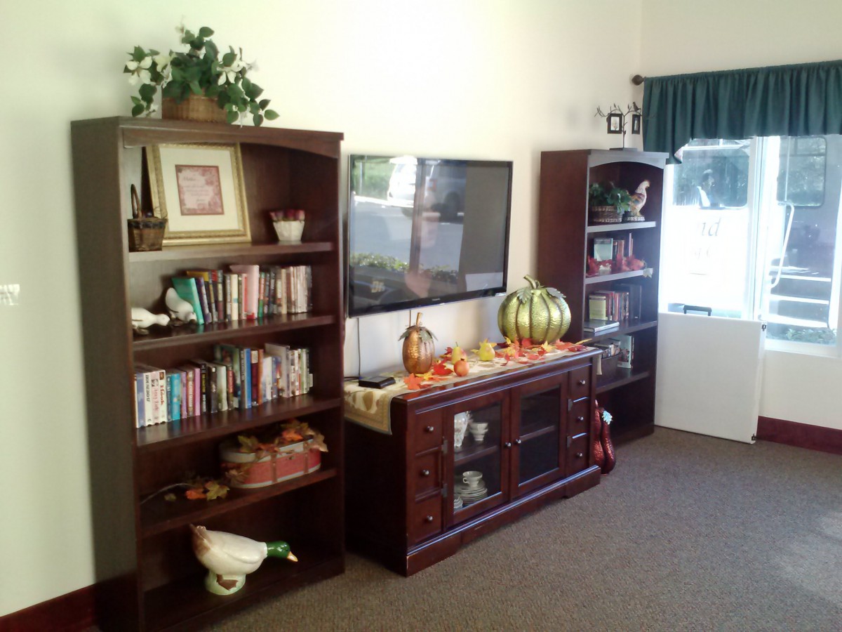 A cozy living room featuring bookshelves, a television, and festive pumpkin decorations.