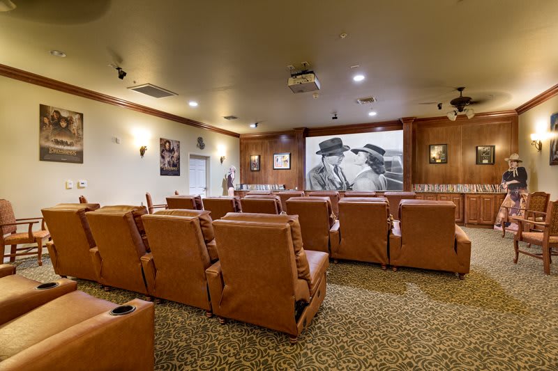 A cozy home theater with recliner seats and a large projector screen.