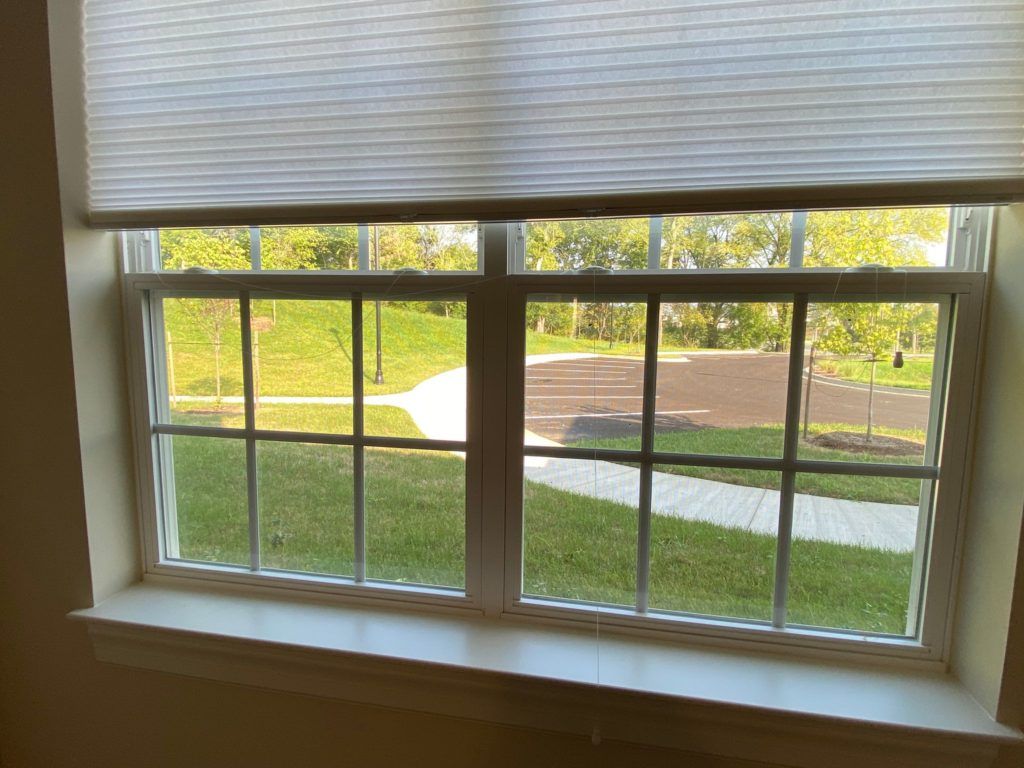 View through a window with partially open blinds showing a grassy outdoor area.