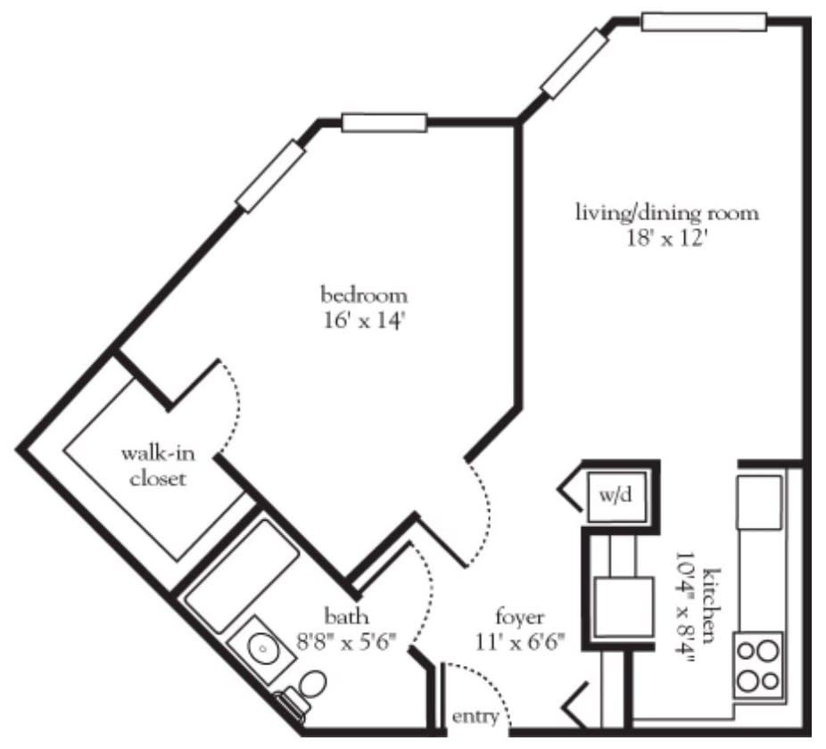 One-bedroom apartment floor plan with dimensions for living/dining room, bedroom, and other areas.