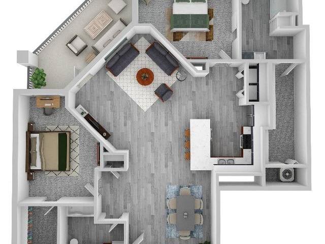 3D rendering of an apartment floor plan, showcasing a modern interior design with a living room, kitchen, and bedrooms.