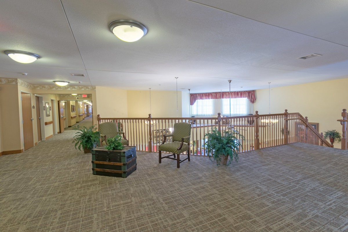 A cozy seating area in a lobby with chairs, plants, and a carpeted floor.