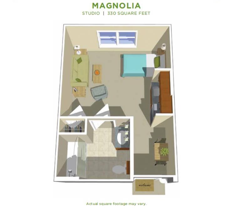 A detailed floor plan of the Magnolia studio apartment, featuring a compact layout with essential living spaces.