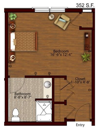 A floor plan showing a one-bedroom apartment with a combined living area and separate bathroom.