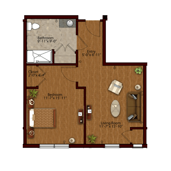 A cozy one-bedroom apartment floor plan featuring a living room, bedroom, and bathroom.