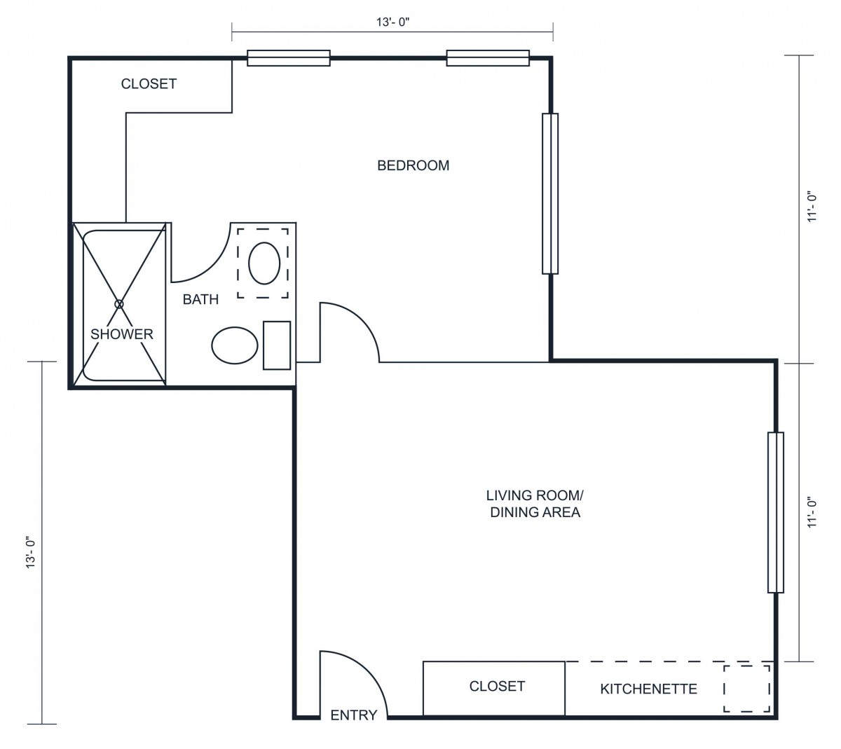 A floor plan of a one-bedroom apartment featuring a living room, kitchen, bathroom, and closets.