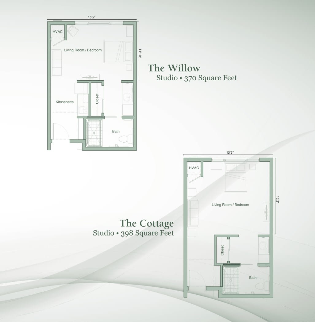 Floor plans for The Willow and The Cooper studio apartments.
