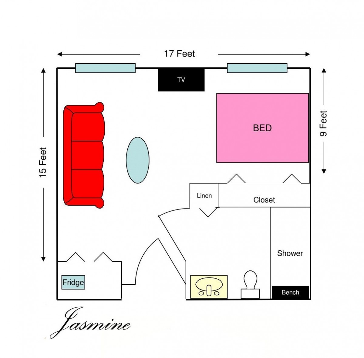 A floor plan showing a combined living and bedroom space with furniture arrangement.