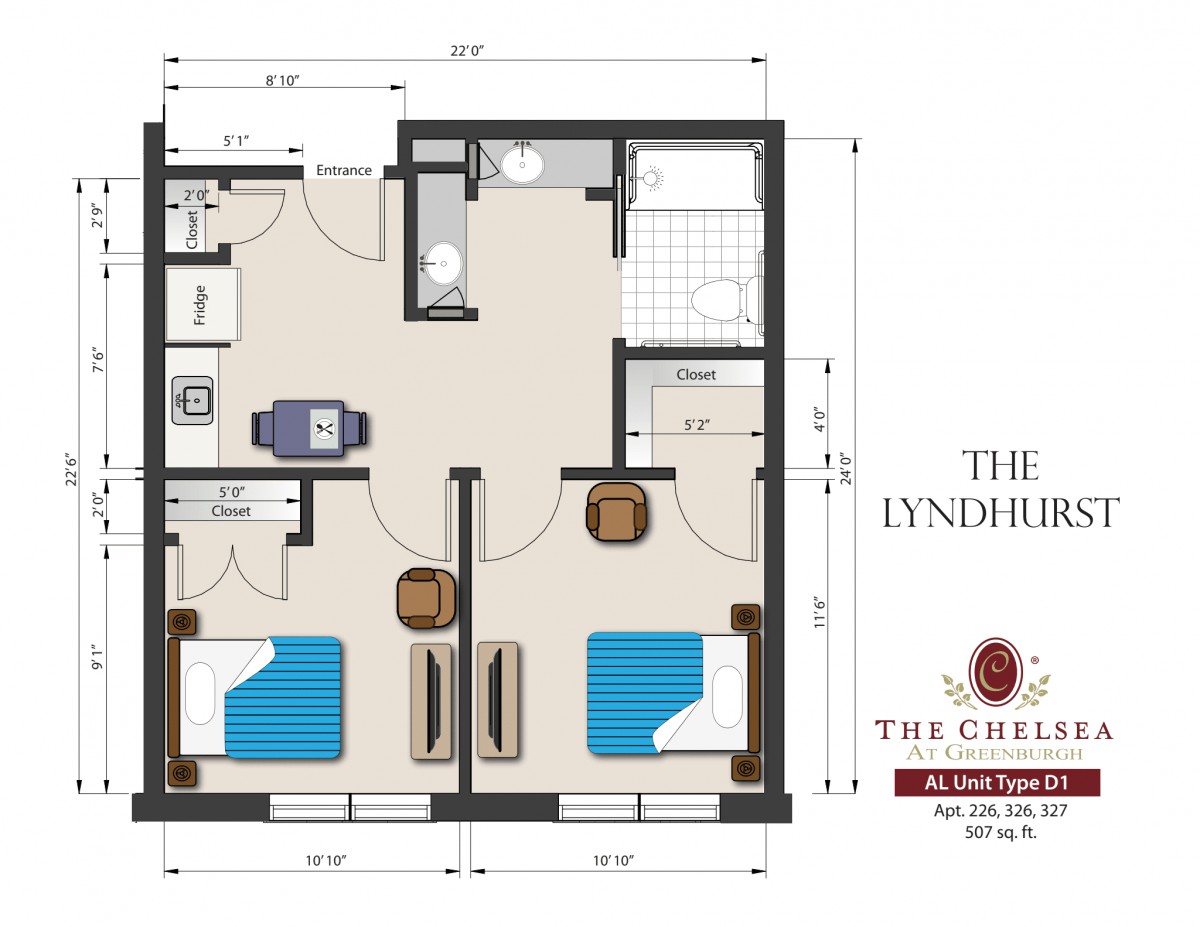 A detailed floor plan of a two-bedroom apartment named 'The Lyndhurst' featuring a kitchen, living area, and bathroom.