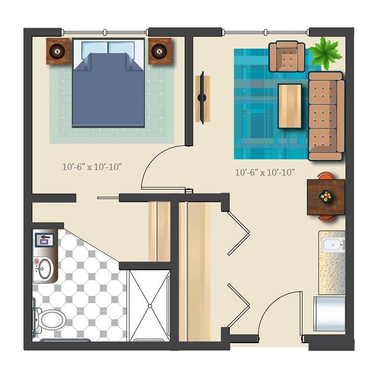 A basic floor plan featuring a one-bedroom apartment with a living room and bathroom.