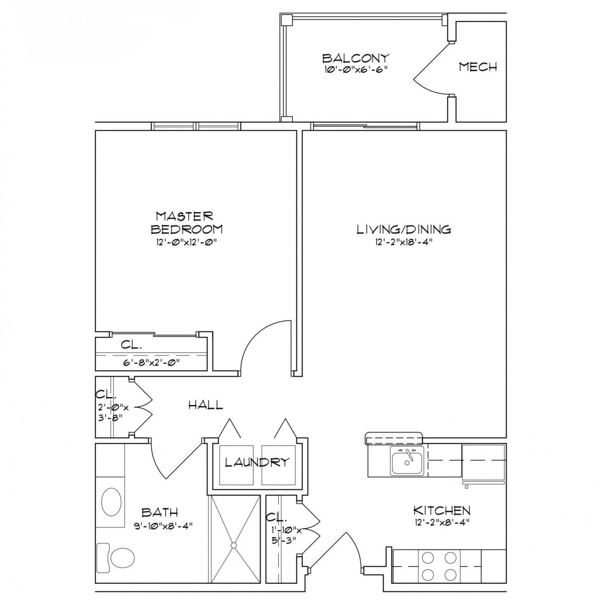 A blueprint of a one-bedroom apartment layout.