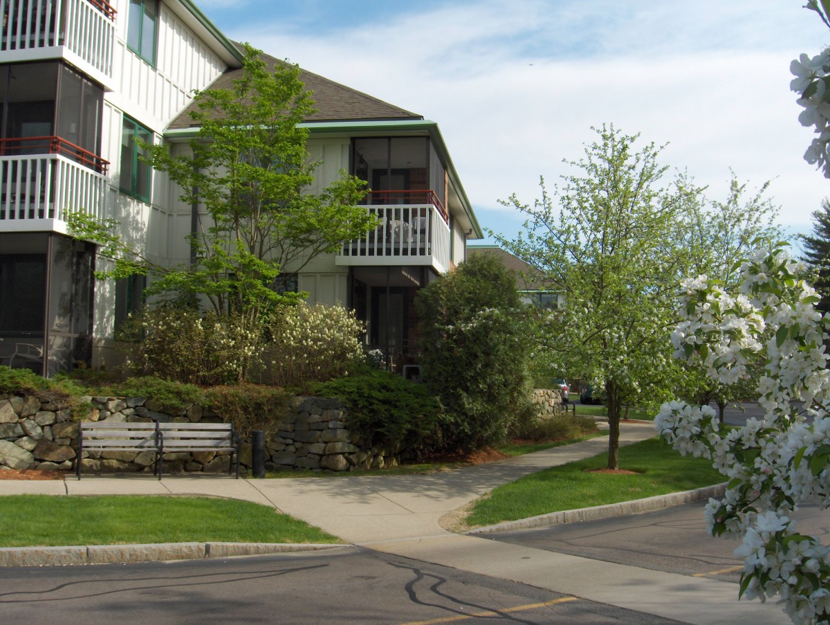 A residential building with a balcony surrounded by lush trees and a sidewalk in spring.