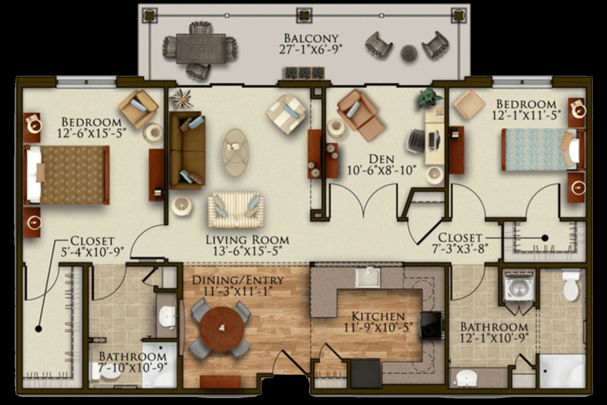 Floor plan of a two-bedroom apartment featuring a living room, dining area, kitchen, bathrooms, and a balcony.