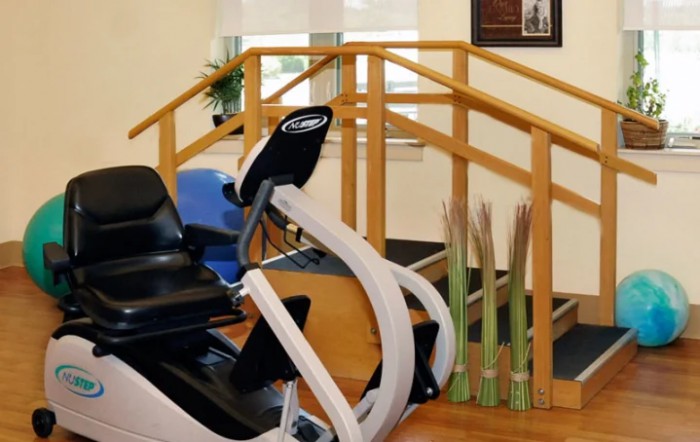 A therapy room with exercise equipment and wooden stairs for rehabilitation exercises.