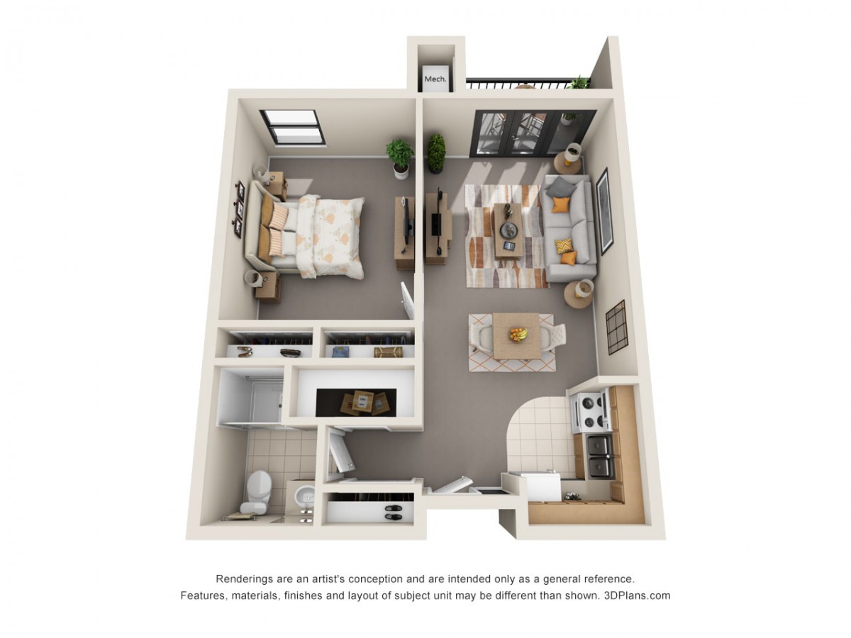 A 3D rendering of a one-bedroom apartment floor plan featuring a living room, kitchen, bathroom, and bedroom.