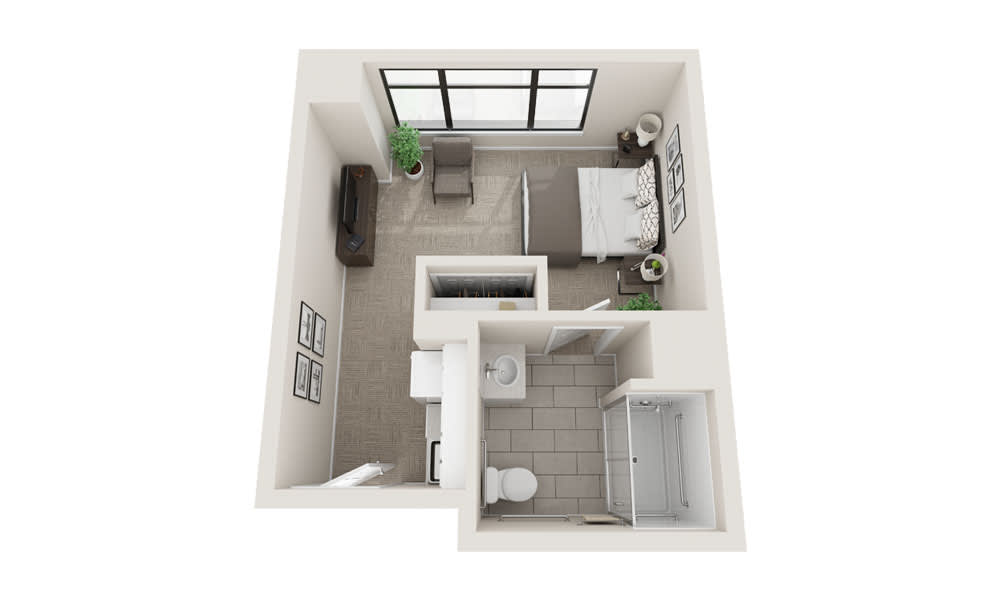 A 3D floor plan of a compact studio apartment with an efficient furniture layout.