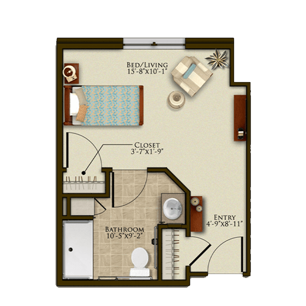 Studio apartment floor plan showcasing a bedroom, bathroom, and living area.