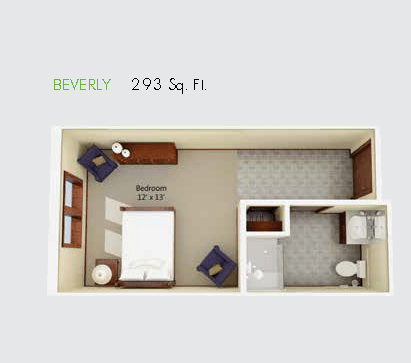 Floor plan of a compact 293.5 square foot studio apartment with furniture arrangement.