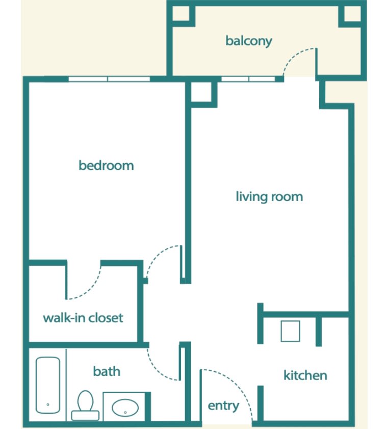 One-bedroom apartment floor plan with a living room, kitchen, bathroom, walk-in closet, and balcony.