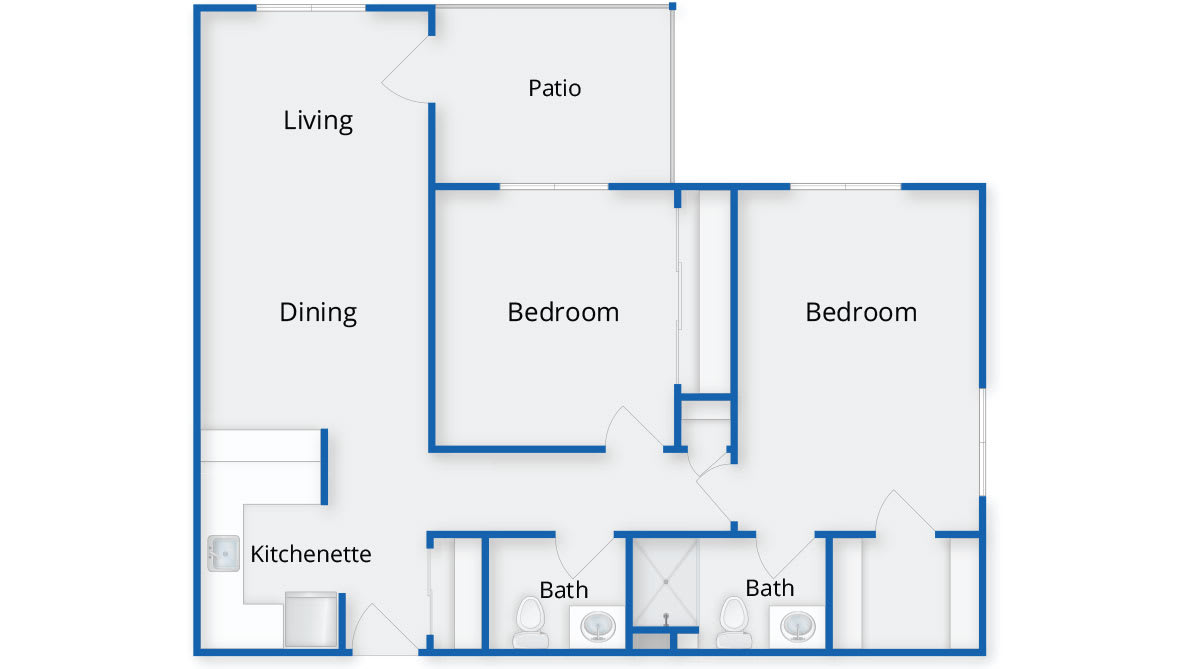 This is a floor plan of an apartment featuring a living room, dining area, kitchen, two bedrooms, and two bathrooms.