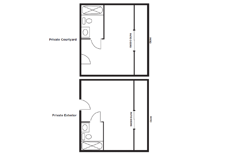 Simple floor plan layout for two rooms with private courtyard and access corridor.