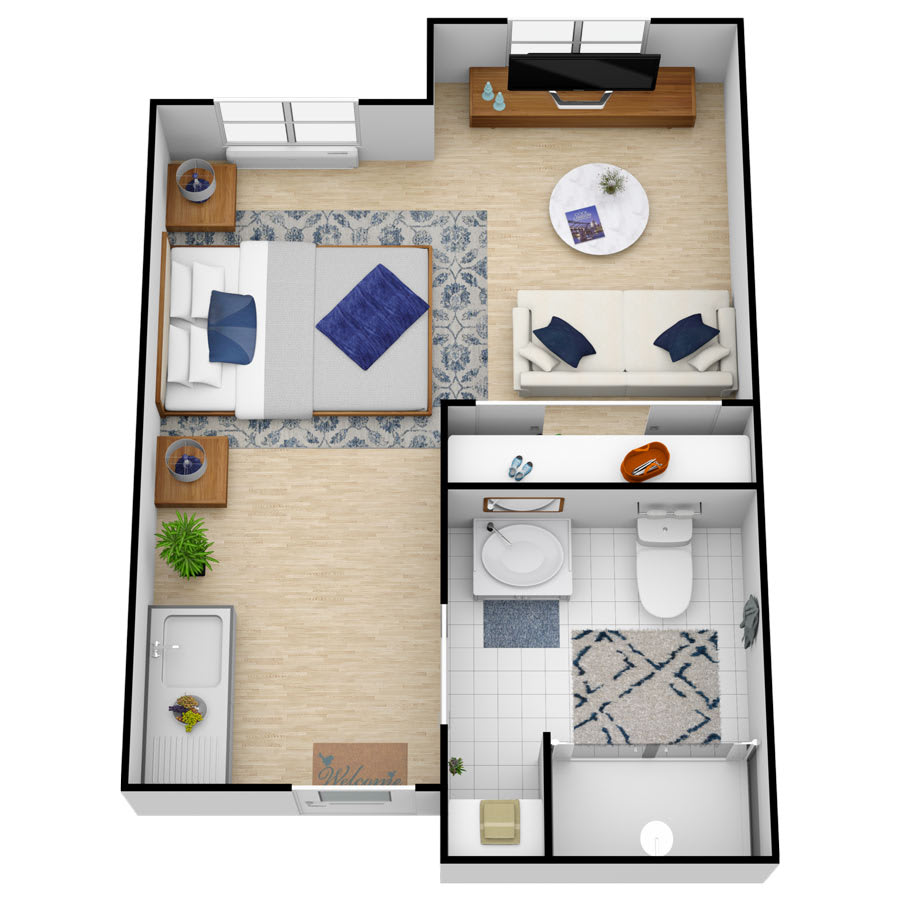 A 3D floor plan of a one-bedroom apartment featuring a living room, kitchen, and bathroom.