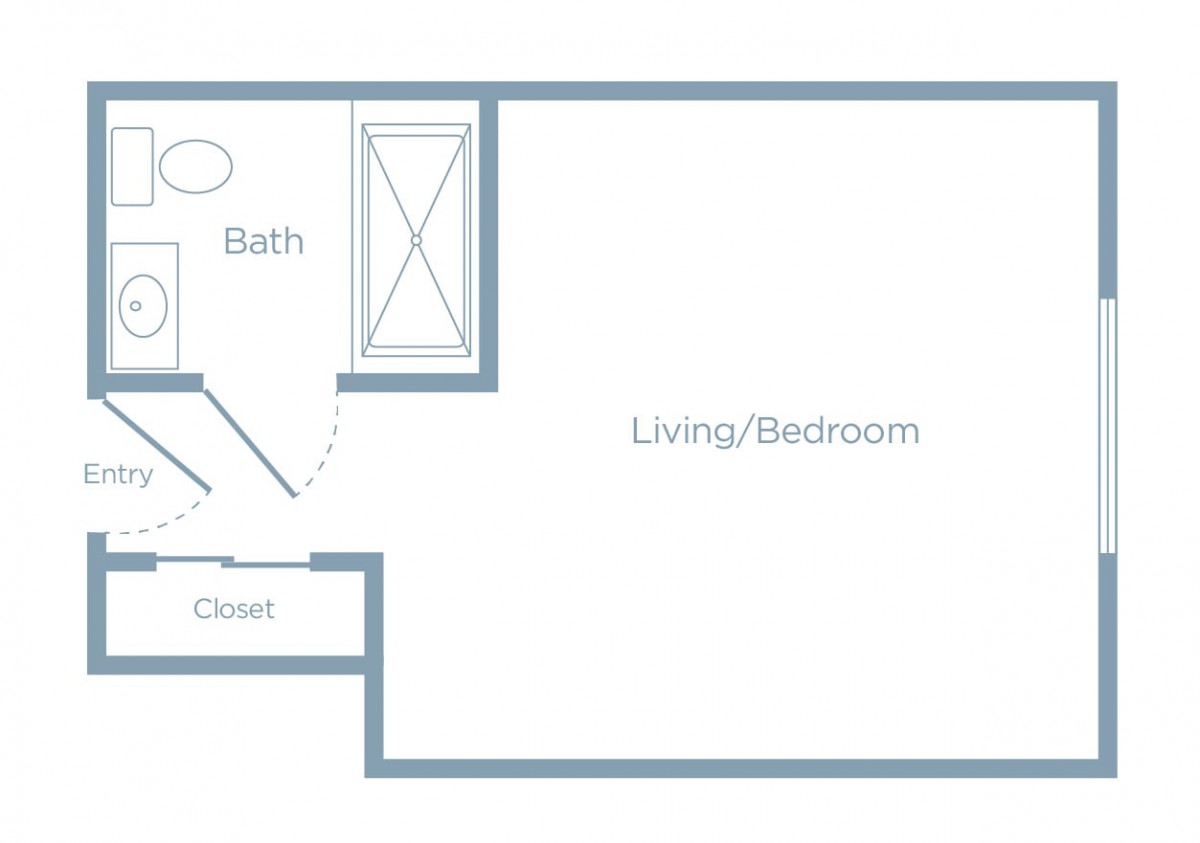 Studio apartment floor plan with living/bedroom area, bathroom, and closet.