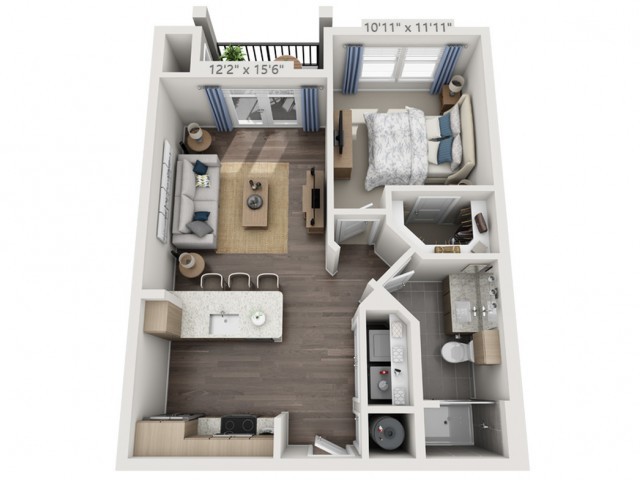 1-bedroom apartment floor plan with an open living area, kitchen, bathroom, and balcony.