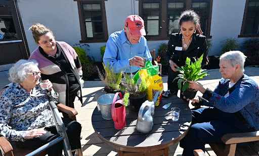 Participants engaged in a gardening session, planting and nurturing flowers together.