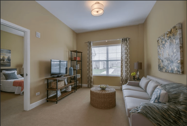 Cozy living room with a sofa, TV, and natural light.