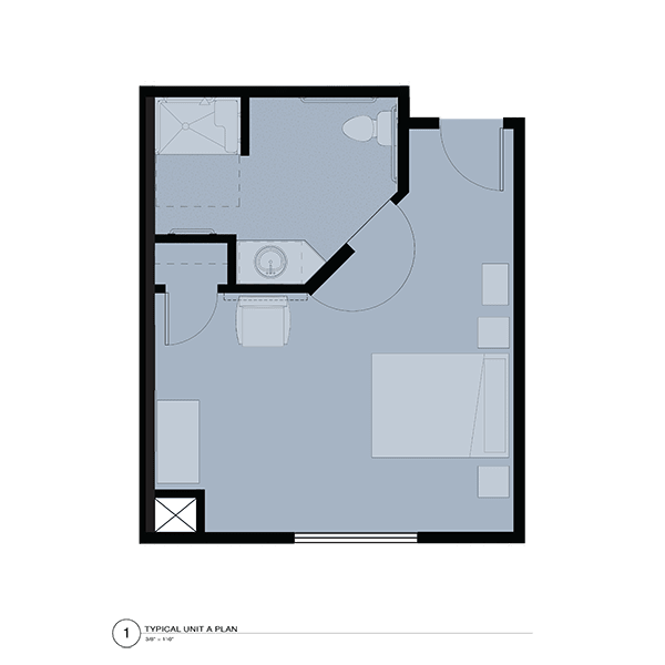 A simple floor plan design for an apartment with designated areas for a kitchen, bathroom, and living space.